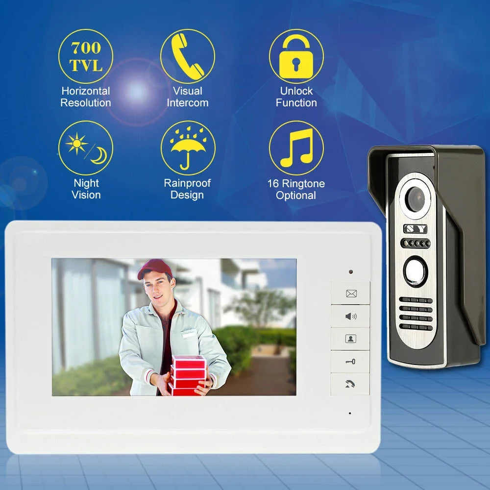 Unlock Visual View Phone Video Night Infrared for Indoor Home Door and with Wired Rainproof System Outdoor Monitor Doorbell 7” support OWSOO