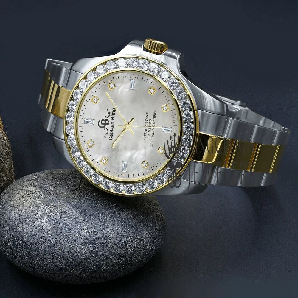 Steel Dial Pearl Of Gold Tone Watch Diamonds Simulated Mens Finish Mother Stainless 2 Solid 18K
