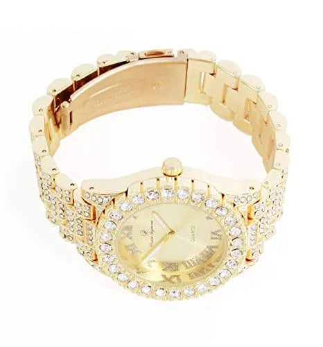 Numerals Iced ST10327LA (Gold-Gold) Raymond - Big Rocks Fully Out Blinged Dial Hop Roman Charles Women's with Hip Out Wristwatch