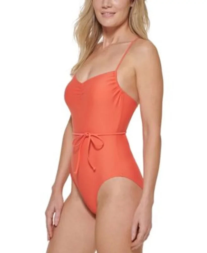 Size Crisscross 16 Back One Orange Swimsuit Piece Women's Hilfiger Tommy Tie-Belt