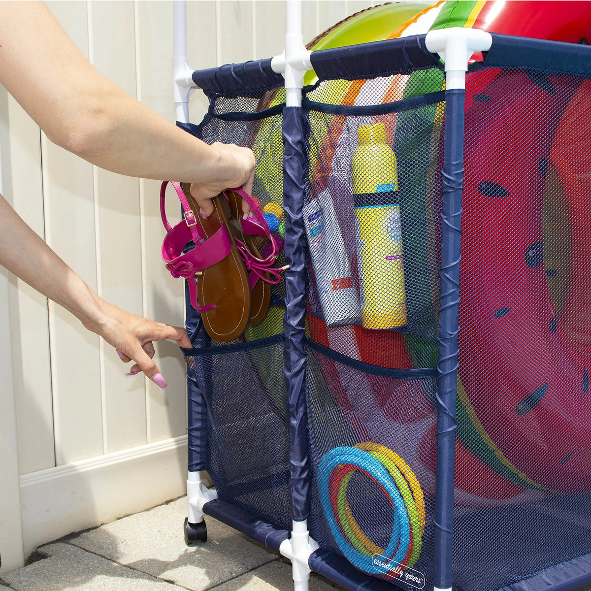 Pool Yours Decker Noodle Brown Mesh x Equipment (23" Toys, 59.4" W - Bin, Noodles, Organizer with Large L H), Holder Essentially 35.3" Rolling Floats Storage Rack, and Double Balls x