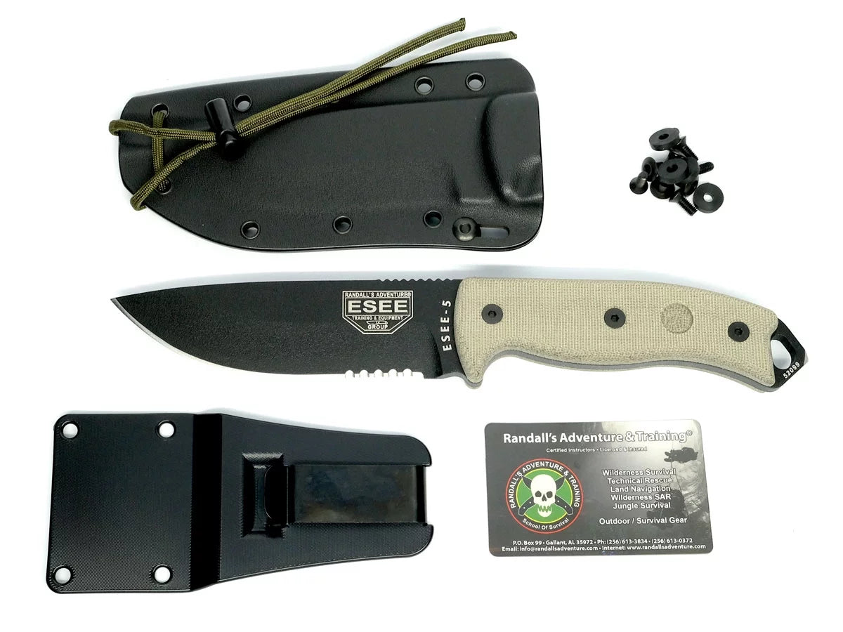 1095 Carbon Natural & 5S-E Fixed Black Blade ESEE Serrated Knives Steel Micarta Knife