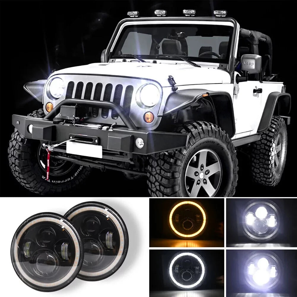 CJ Inch For 7" JK Wrangler LED TJ Jeep Headlights Halo LJ Round Angle Eyes