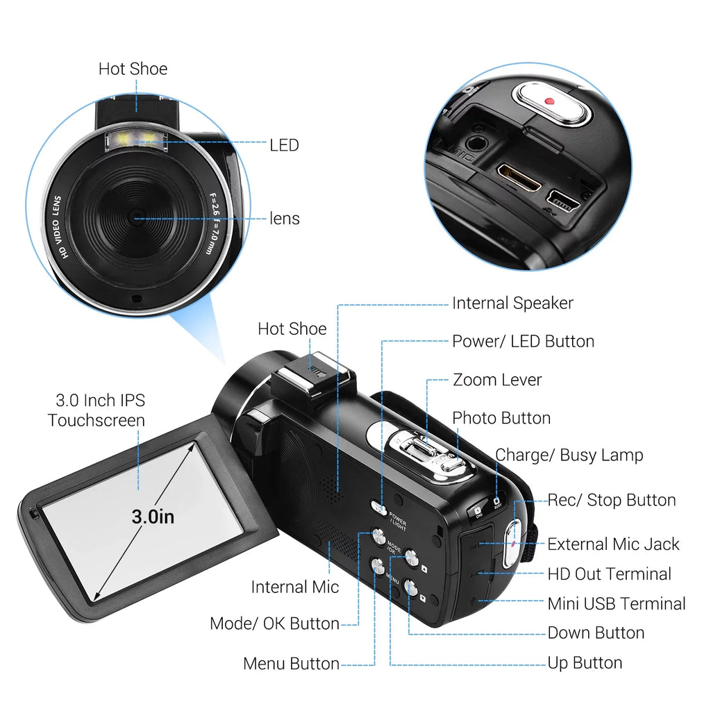Sensor -Shaking Video DV Professional Microphone Handheld Andoer IPS with 4K Mounting Burst Shoe Camcorder for 3.0 Digital Function Inch CMOS Hot