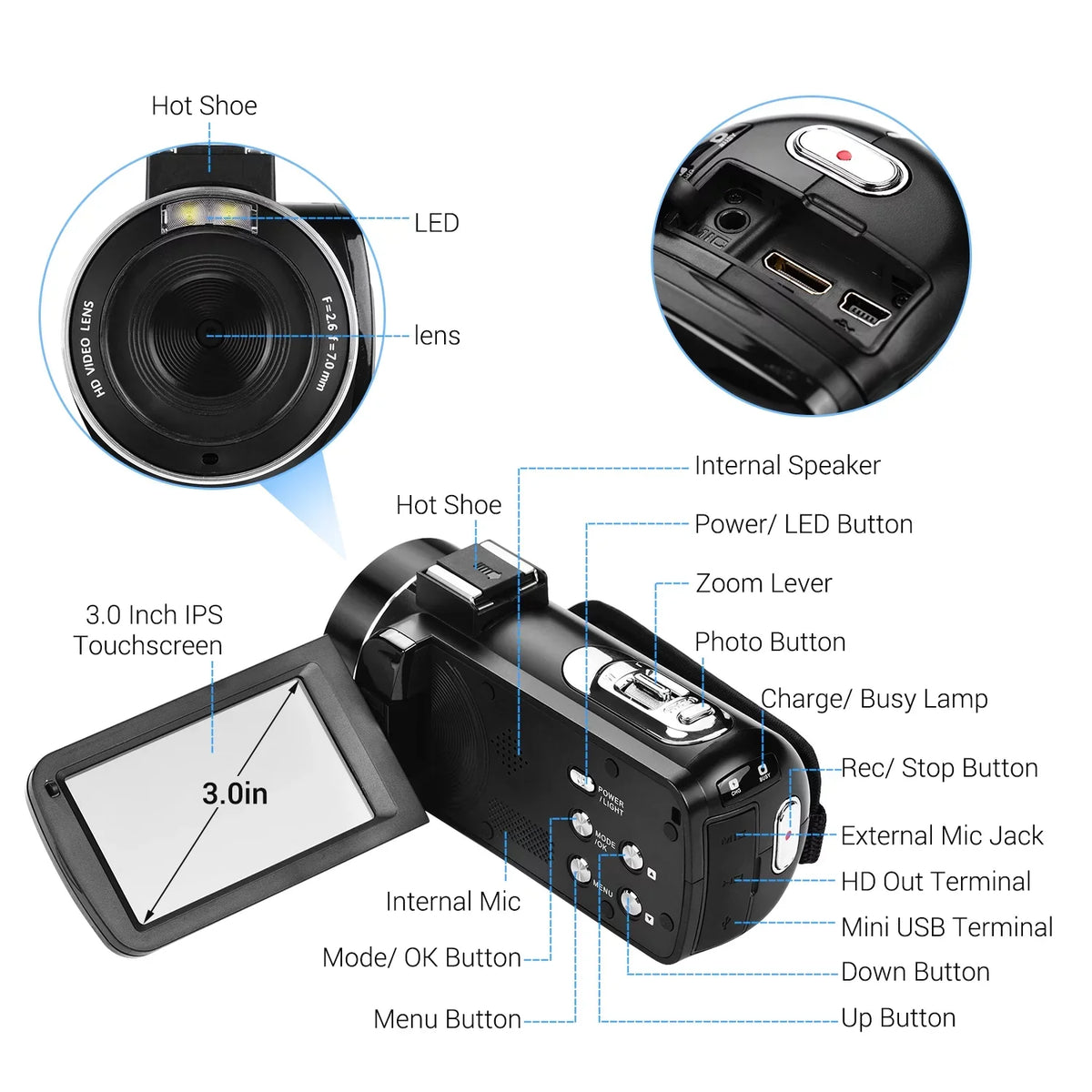 Sensor -Shaking Video DV Professional Microphone Handheld Andoer IPS with 4K Mounting Burst Shoe Camcorder for 3.0 Digital Function Inch CMOS Hot
