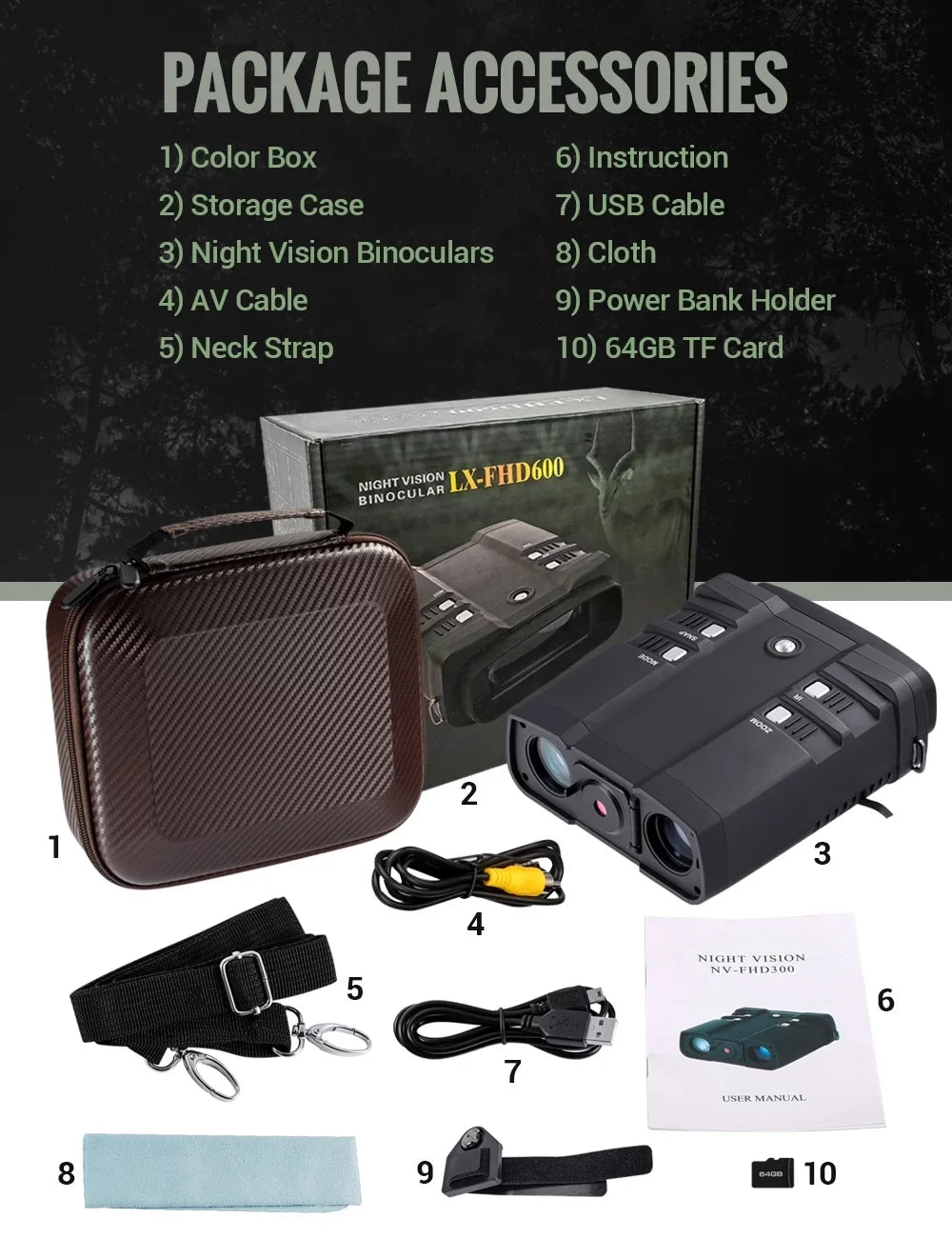 Binoculars with and Binocular Day Darkness Hunting TF Card Vision with LAKWAR x 31mm Viewing for Total Night Large Infrared Screen Digital for Night 64G Binoculars 10.8 Night Vision
