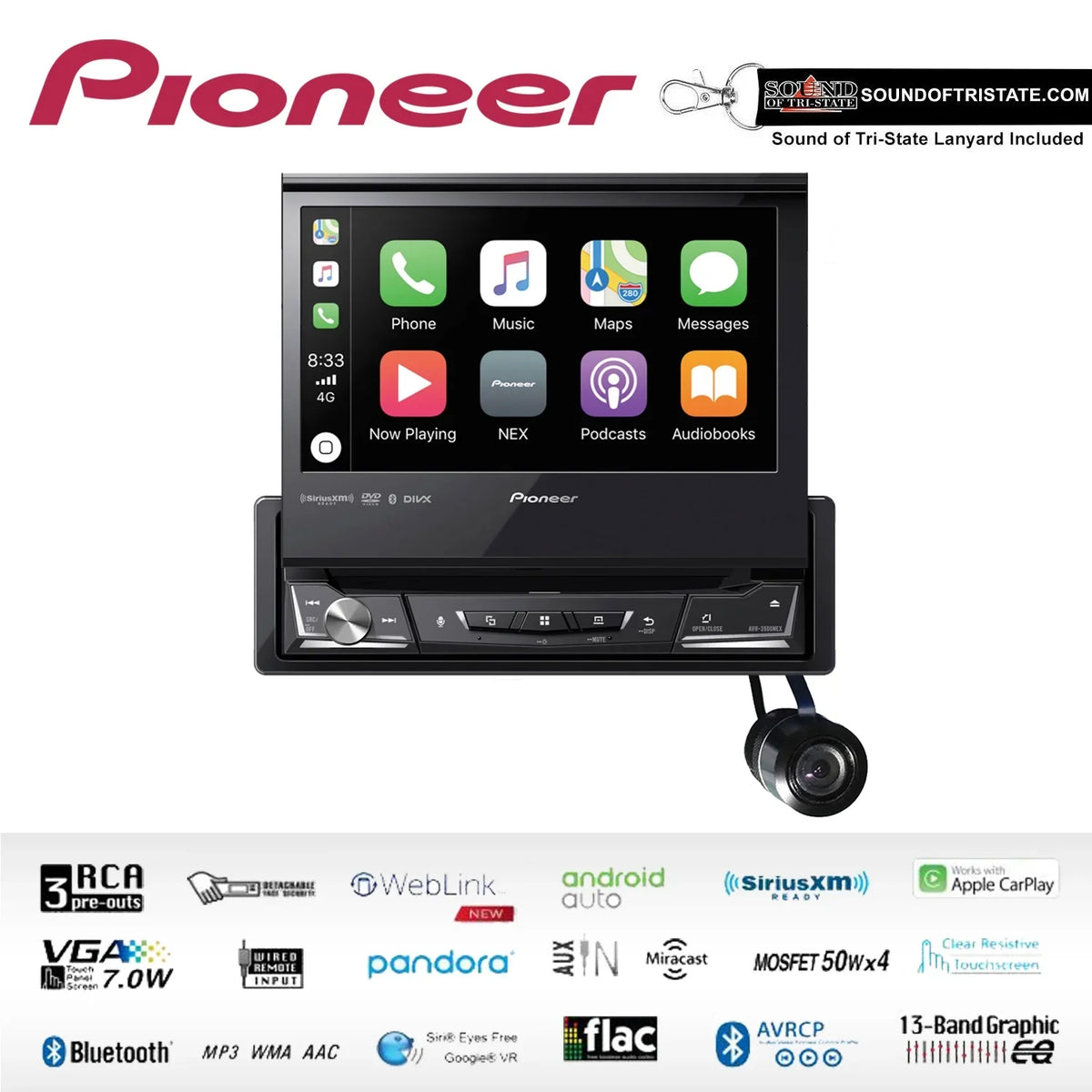 DVD Pioneer Style Single Camera AVH-3500NEX Flip Receiver Din with Out Bullet