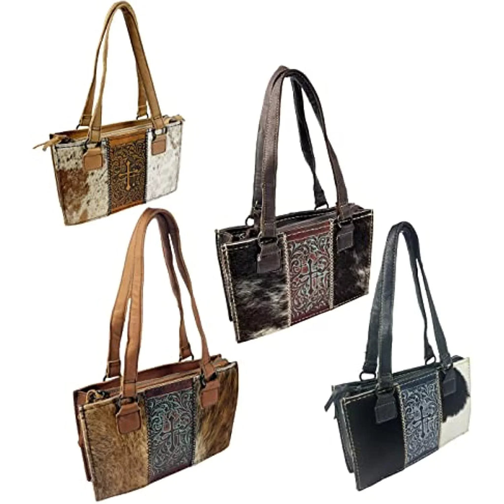 Genuine Urbalabs Tooled Women Leather Western Purses Purse with Over the Bag Brown Western Zipper (Dark Handbag In Tote Shoulder Stitched CowHair Dark Hand Crosses for Brown)