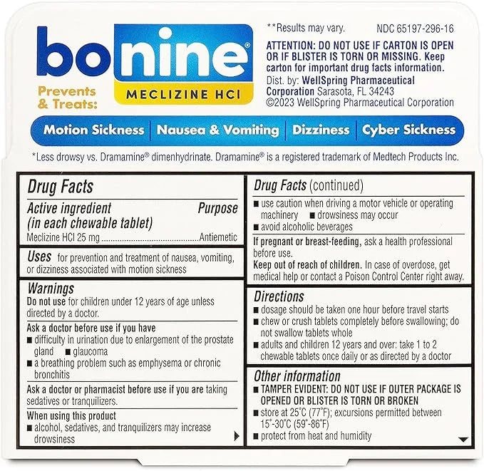 (Pack ea 16 Chewable for Motion 3) of Raspberry Bonine Sickness, Tablets