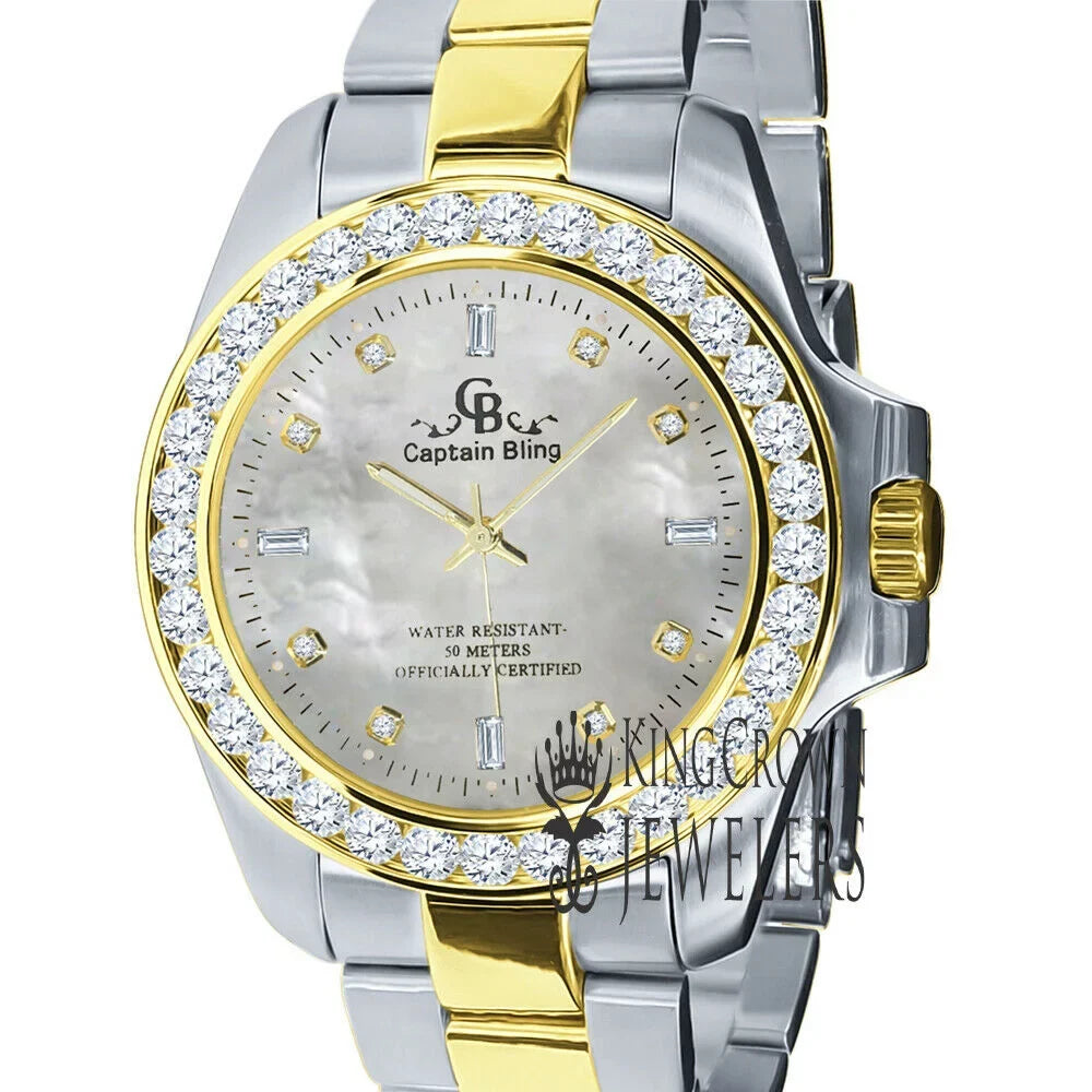 Steel Dial Pearl Of Gold Tone Watch Diamonds Simulated Mens Finish Mother Stainless 2 Solid 18K