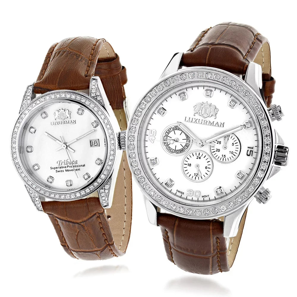 MOP His Plated Hers Watches Watches White and Matching Gold Diamond