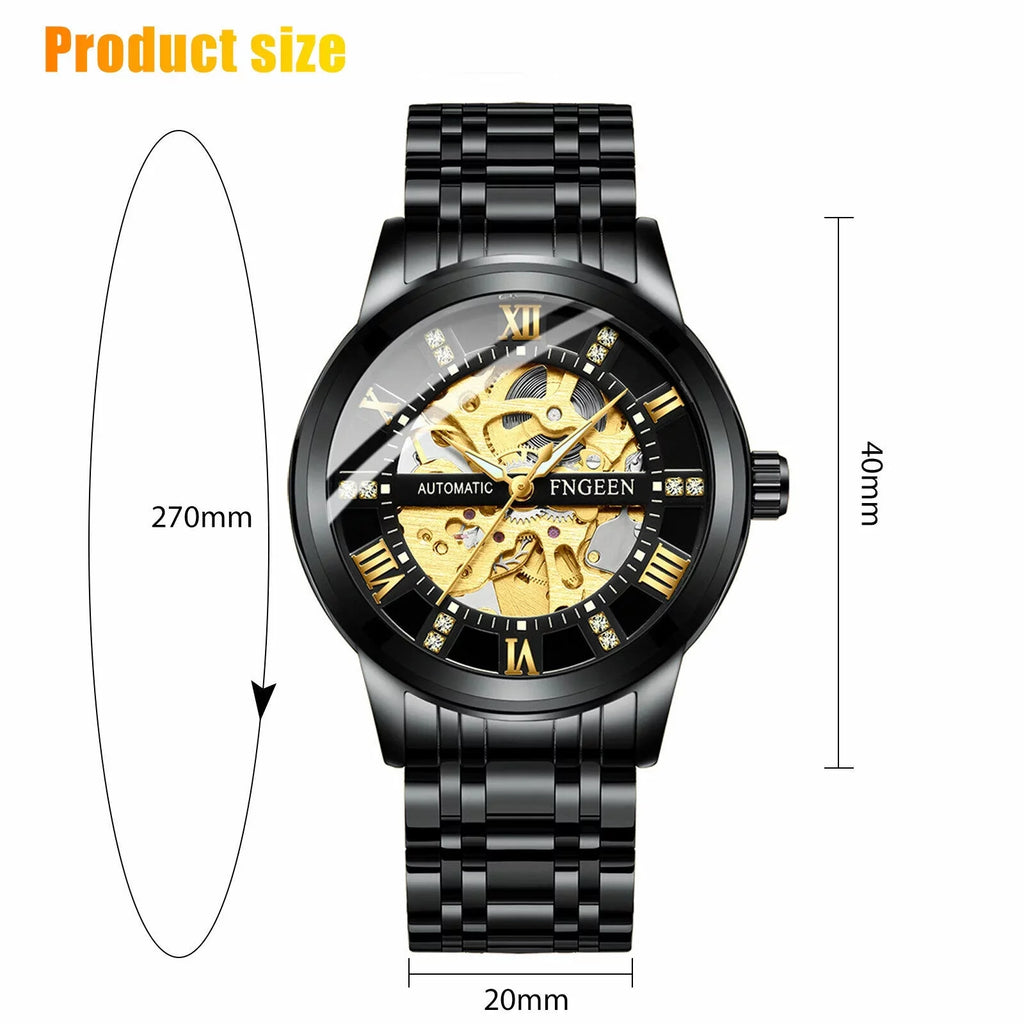 Men's Retro Stainless Automatic FNGEEN Hollow Mechanical Watch Steel Dial Luxury