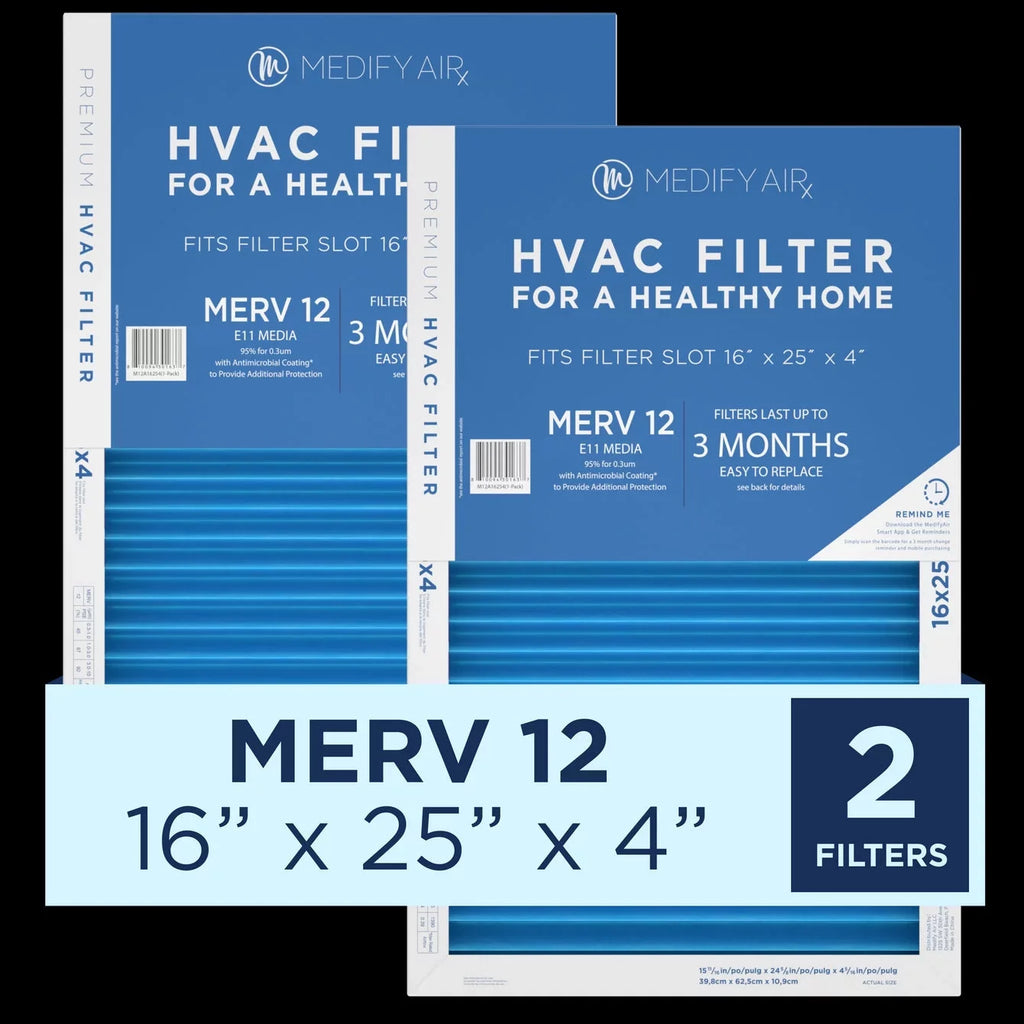 Air 95% (MERV Medify Filter 16x25x4 Pleated Air 2-Pack) HEPA MERV Cleaning Air Particles 12, 12