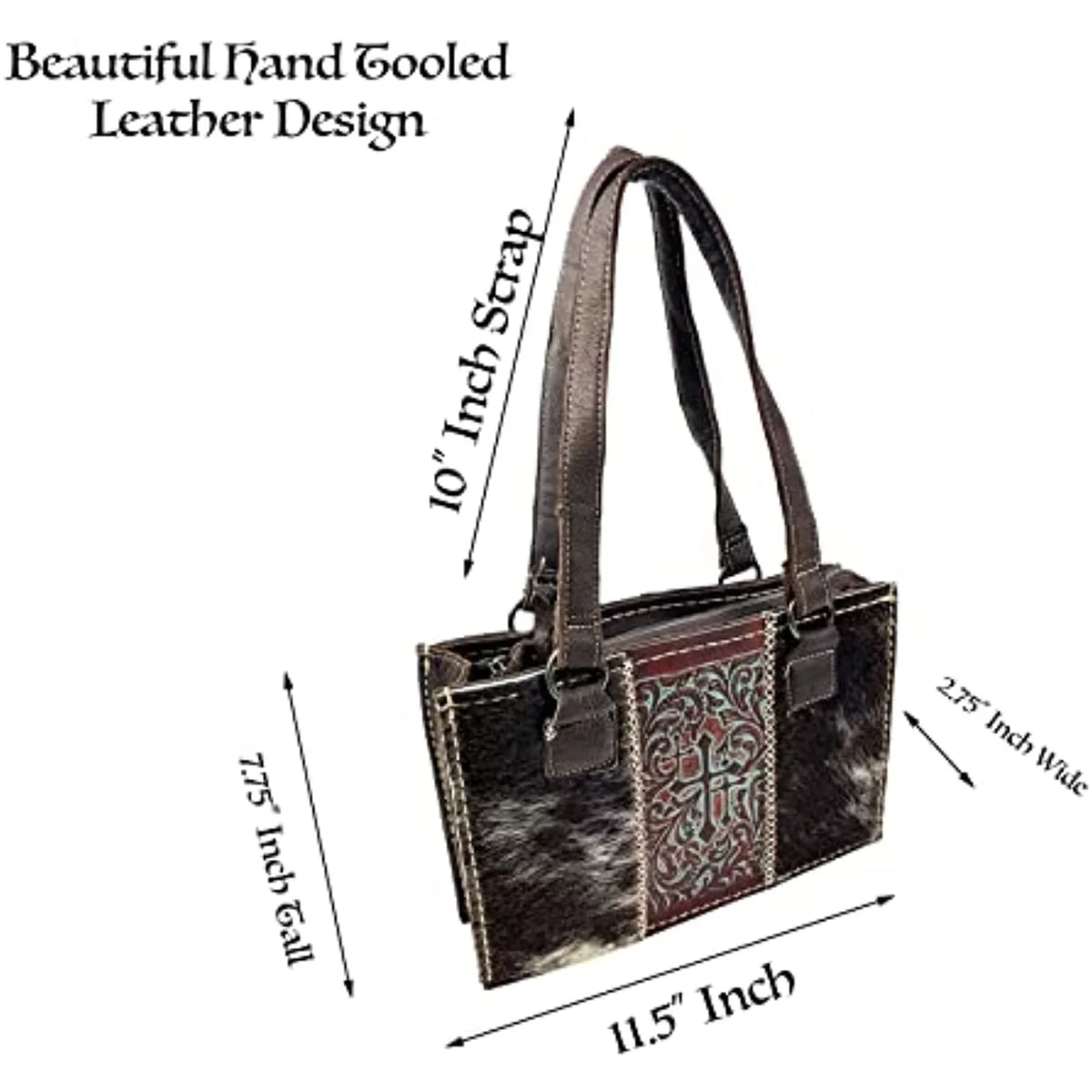 Genuine Urbalabs Tooled Women Leather Western Purses Purse with Over the Bag Brown Western Zipper (Dark Handbag In Tote Shoulder Stitched CowHair Dark Hand Crosses for Brown)