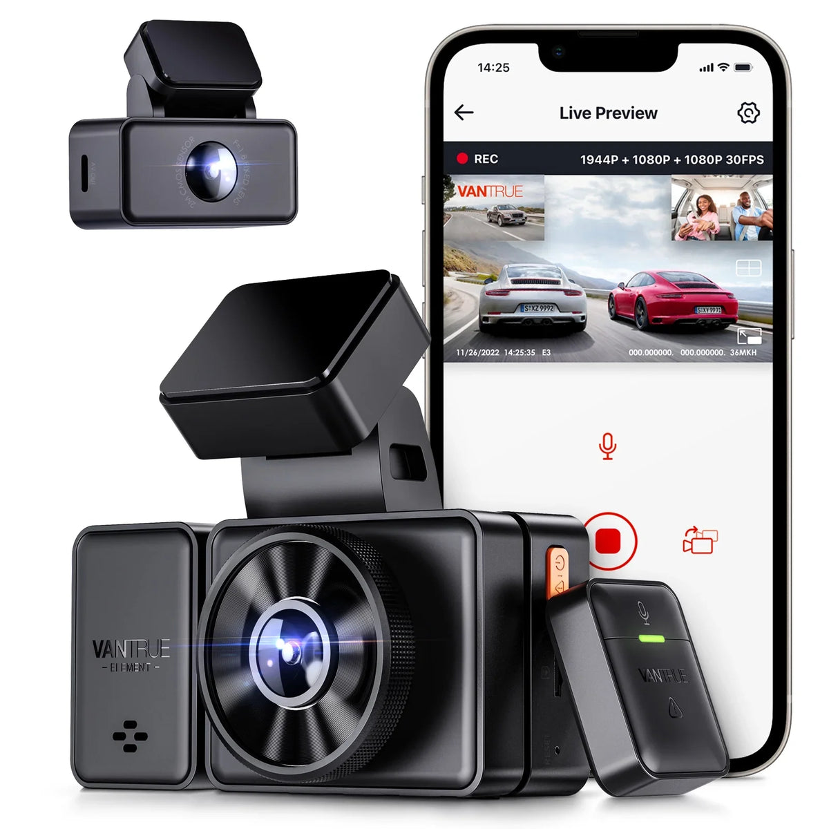 Voice Channel Dash GPS Triple Inside, Front WiFi 512GB 2.5K E3 Rear Control, Max Way and 24 Dash Support 3 3 Vision, STARVIS Hours Parking Night Cam Camera Vantrue IR 1944P+1080P+1080P with Mode,