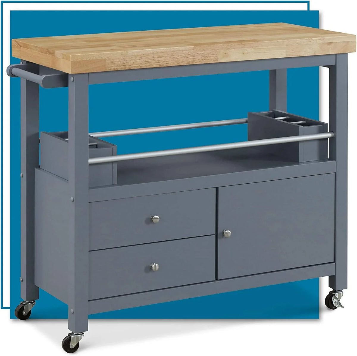 Wheels Apartment Cart Rolling Storage, With Butcher And Cabinet For Bar Portable Island Organization Block Kitchen Table, Anson Home Gray ,
