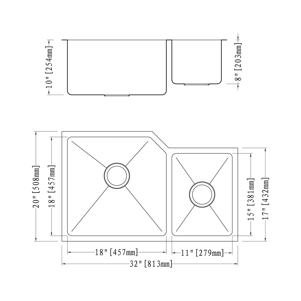 Dowell Small-Radius Series-6008 3220D Handcrafted Kitchen Undermount Corner Sinks