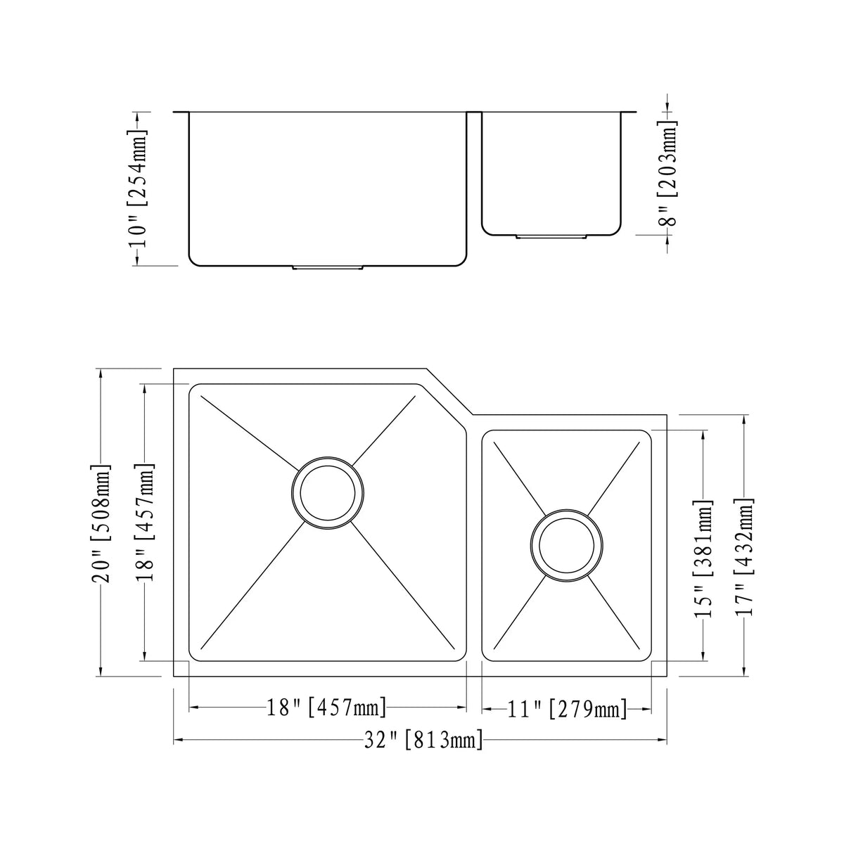 Dowell Small-Radius Series-6008 3220D Handcrafted Kitchen Undermount Corner Sinks