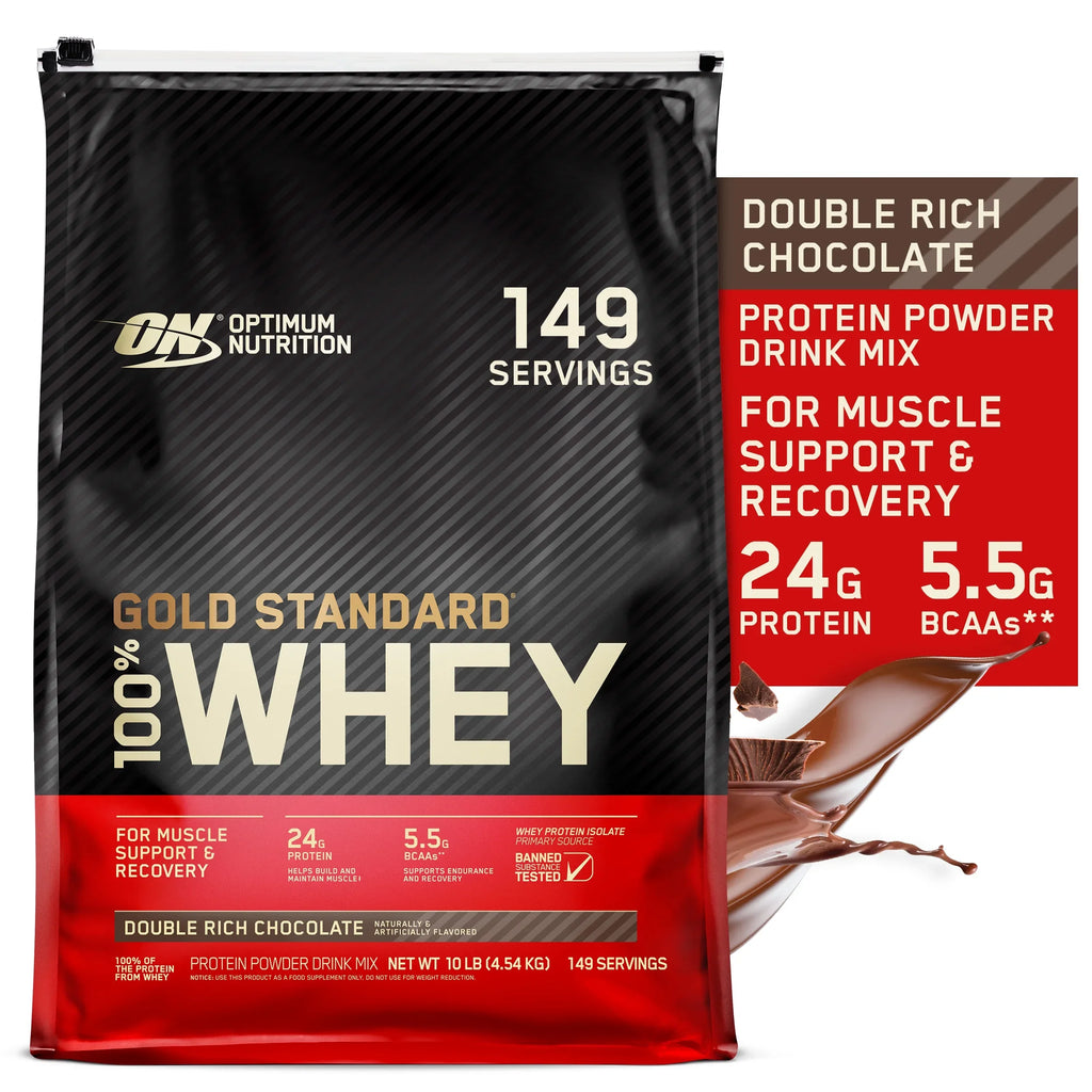 Whey Optimum Nutrition, Servings Chocolate, Rich 149 Standard Gold 10 lb, Double Powder, Protein 100%