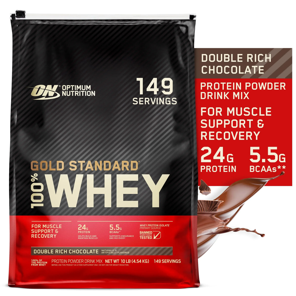 Whey Optimum Nutrition, Servings Chocolate, Rich 149 Standard Gold 10 lb, Double Powder, Protein 100%