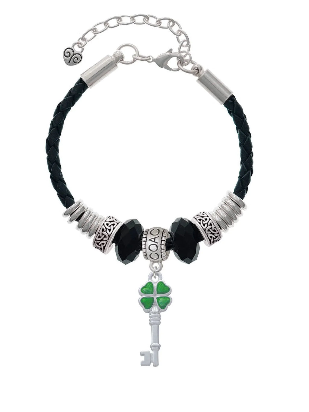 Celtic Four Green Knot Lucky Coach Silvertone Clover 7"+2" Jewelry Leaf Extender Bracelet, Delight Translucent Key Leather Bead