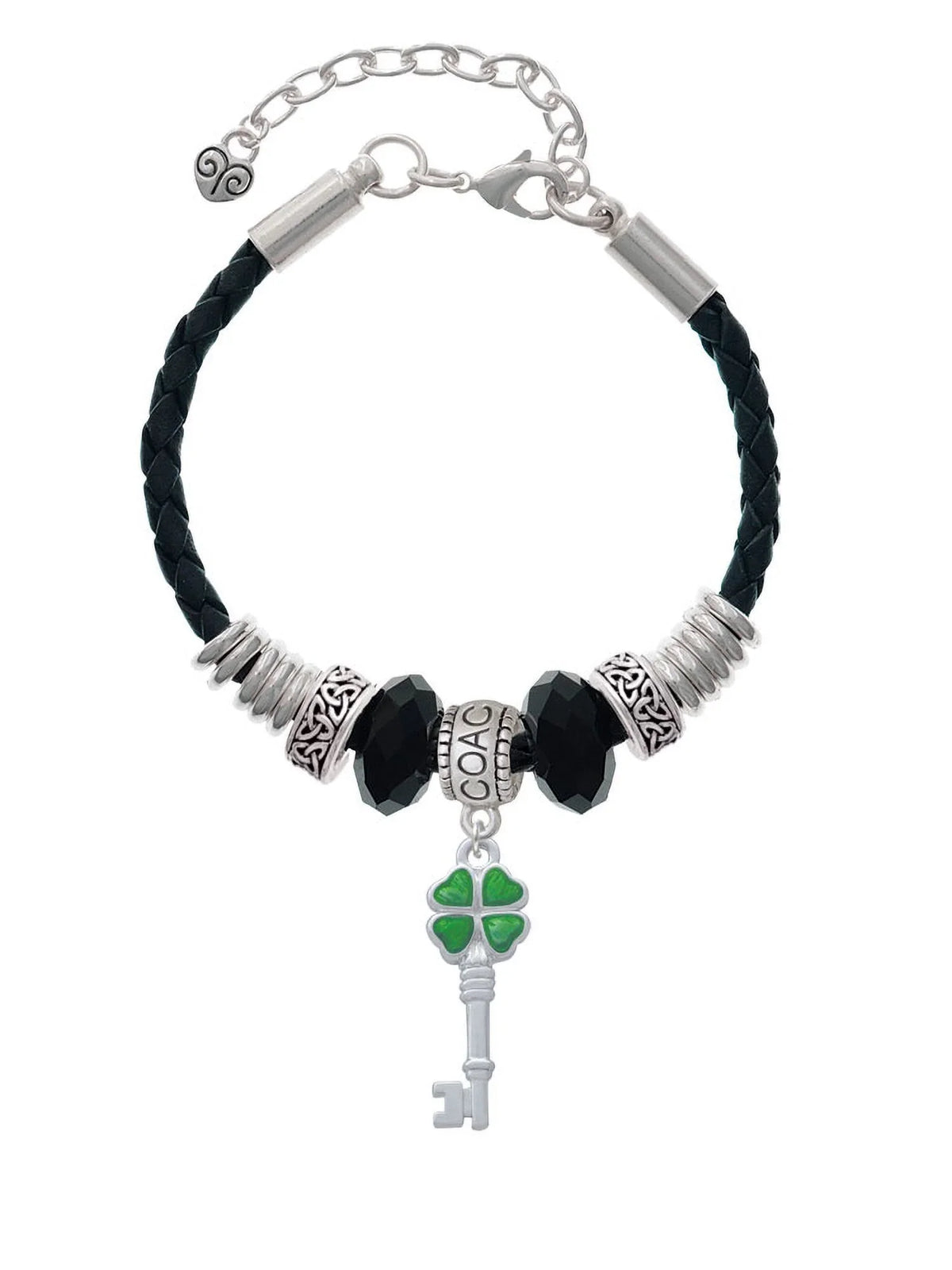 Celtic Four Green Knot Lucky Coach Silvertone Clover 7"+2" Jewelry Leaf Extender Bracelet, Delight Translucent Key Leather Bead