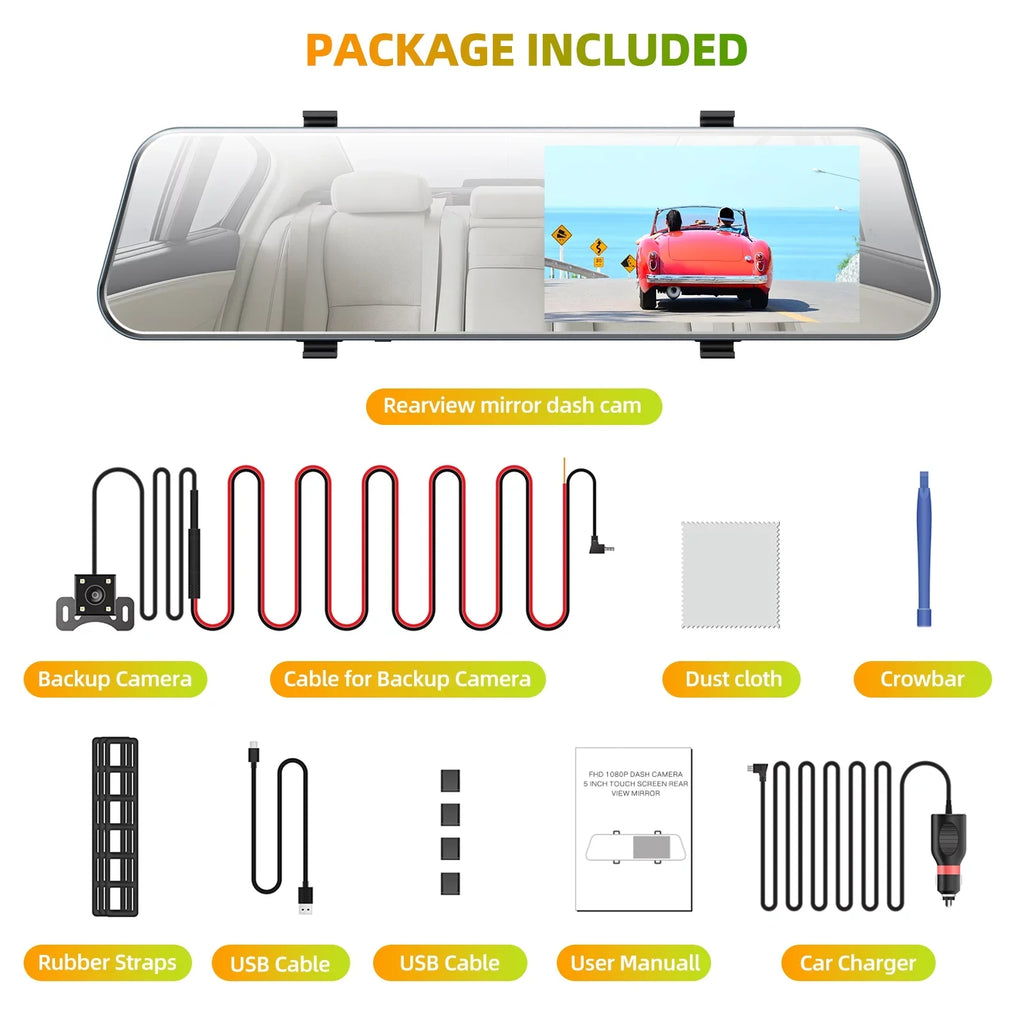 Touch Full Cars, for IPS and Screen Front Loop Camera Cam Mirror Dual Assistant Recording, TOGUARD Rear Rear Parking Camera, Monitor, 5'' G-Sensor, Dash View with Dash Mirror HD Parking 1080P