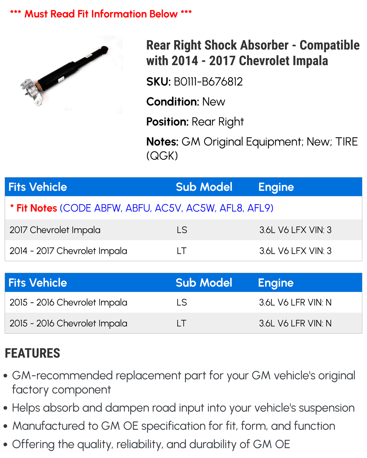 Impala 2016 2017 Compatible with 2015 Right Chevy - Shock Absorber - 2014 Rear