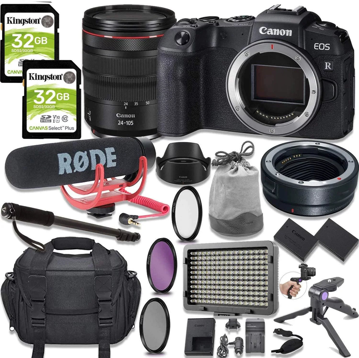 Video Kit RF + Adapter Mic, Memory, Mirrorless Light with Accessory Rode Go LED 64GB + Mount EOS Bundle Camera Lens RP & Video More with Canon 24-105mm Digital