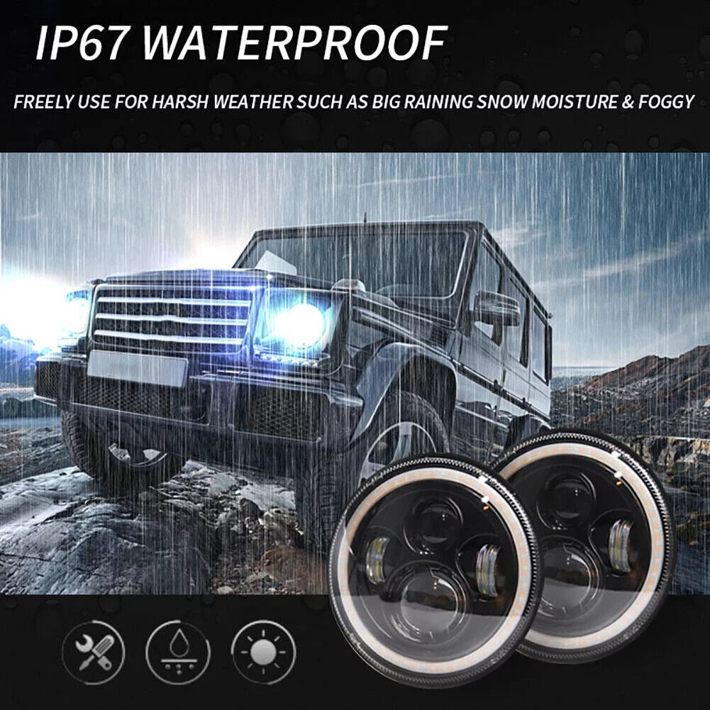 CJ Inch For 7" JK Wrangler LED TJ Jeep Headlights Halo LJ Round Angle Eyes
