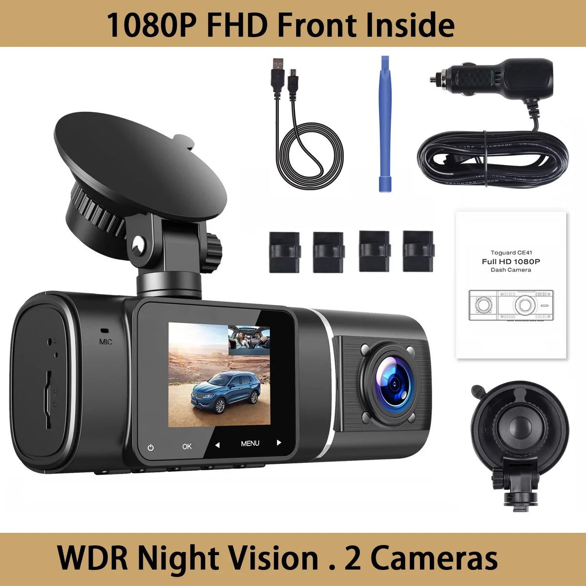Inside, Car Front Black IR Vision FHD Dash Camera 1080P Cam HD 720P Night TOGUARD and