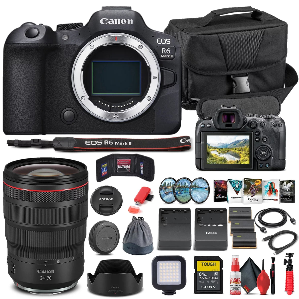 Case More Card EOS External Charger II Battery Software + Card 2 Memory 64GB + + Canon (5666C002) + Camera 24-70mm R6 Mark LPE6 x + Canon + Lens Corel + + Photo Reader RF Mirrorless