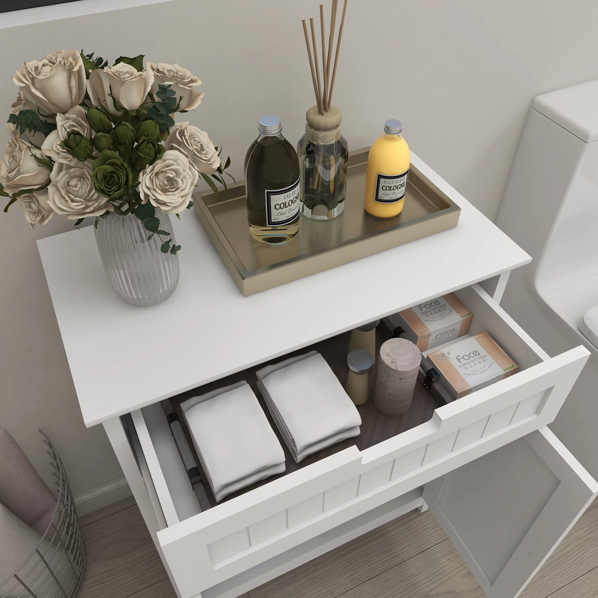 Room. for White 1 Wood in Freestanding and Cabinet Floor Drawer Versatile Doors, Living Storage Bathroom 2 Elegant Adjustable Bathroom Design Organizer Shelf