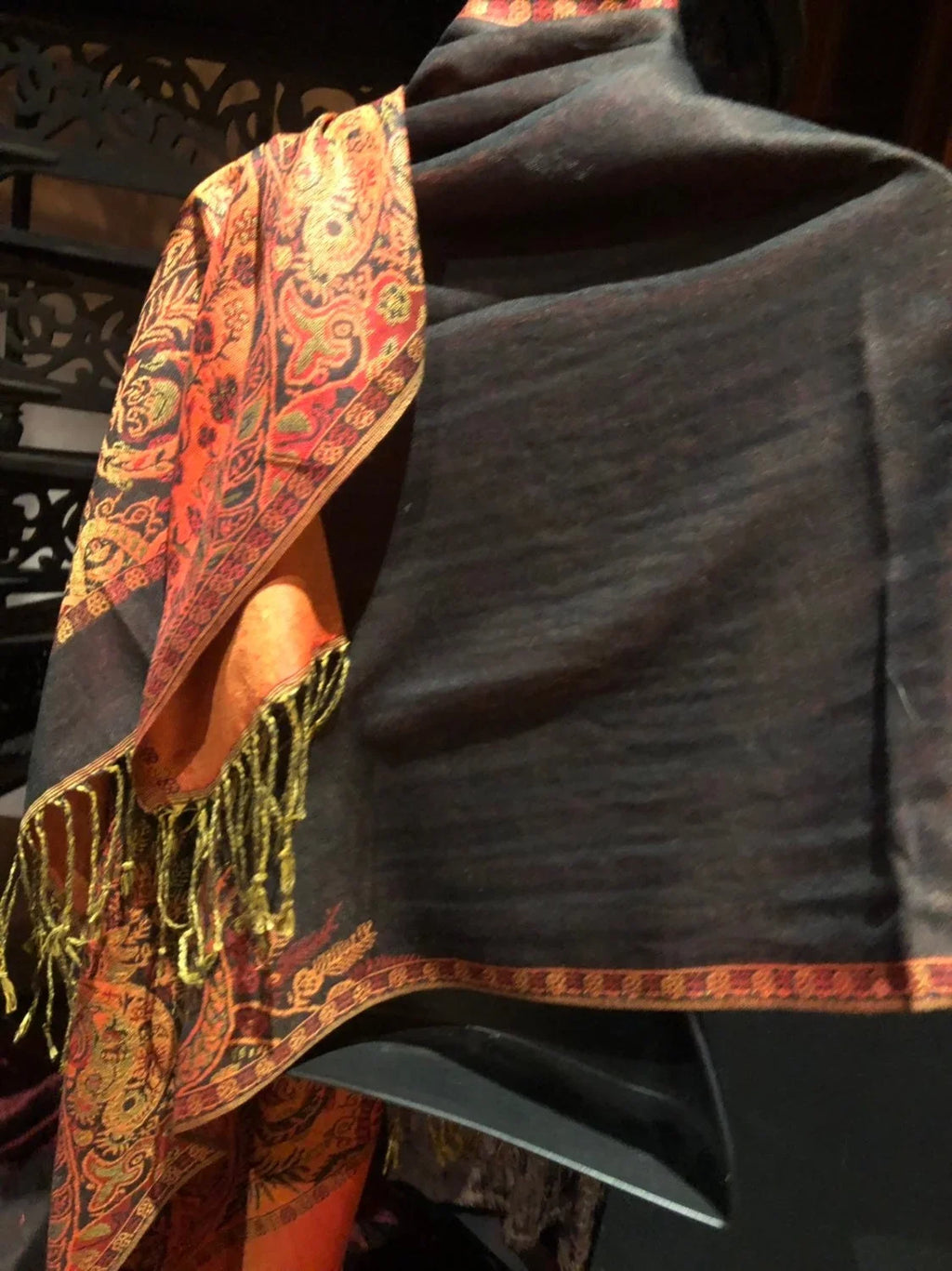 Pashmina Red Scarf Wrap Brocade Vintage Paisley Black