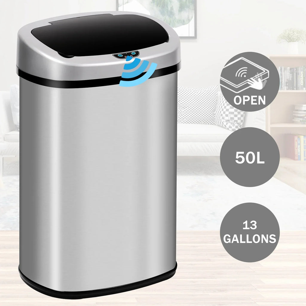 Office Can Touch-Free Trash Waste with Steel Automatic Silver Motion Home, Lid, Anti-Fingerprint Bin Designed Kitchen for Garbage Stainless Gallon NiamVelo Can with Sensor, 13 Mute &
