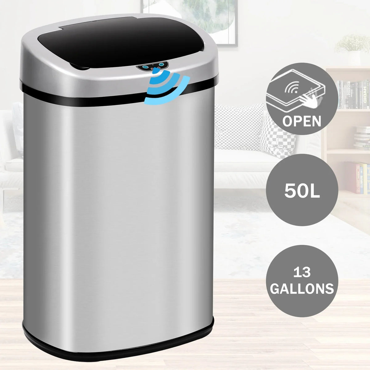 Office Can Touch-Free Trash Waste with Steel Automatic Silver Motion Home, Lid, Anti-Fingerprint Bin Designed Kitchen for Garbage Stainless Gallon NiamVelo Can with Sensor, 13 Mute &
