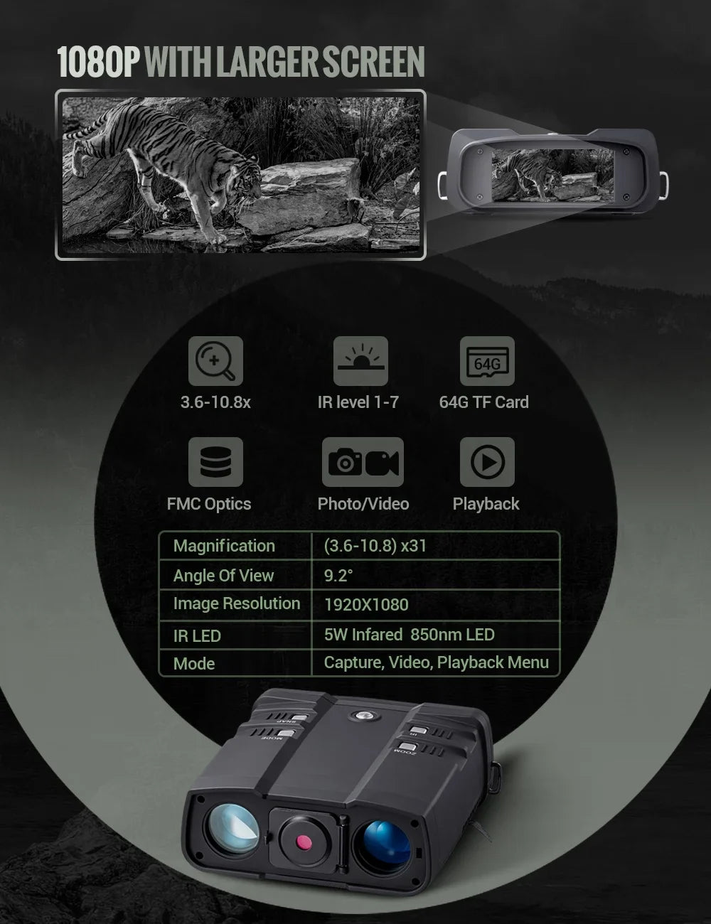 Binoculars with and Binocular Day Darkness Hunting TF Card Vision with LAKWAR x 31mm Viewing for Total Night Large Infrared Screen Digital for Night 64G Binoculars 10.8 Night Vision