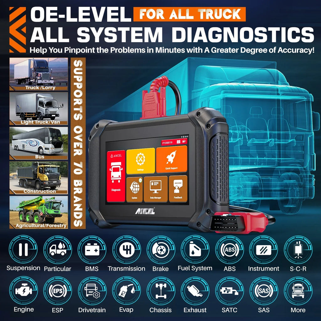 All Maintenance Scan Bi-directional Coding ECU Tool 2 40+ ANCEL Code Regen 1 DPF Truck for V5 OBD2 IN Truck Reset 24V Cars Tablet HD Diagnostic Scanner 12V System Diesel Scan Reader Truck Duty Heavy