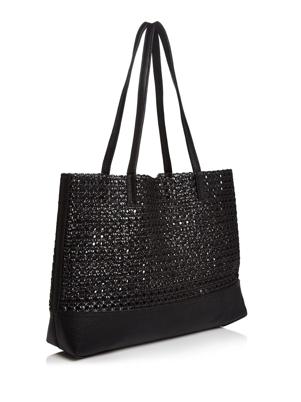Strap Double Flat Tote Handbag Purse Woven AQUA Black Women's