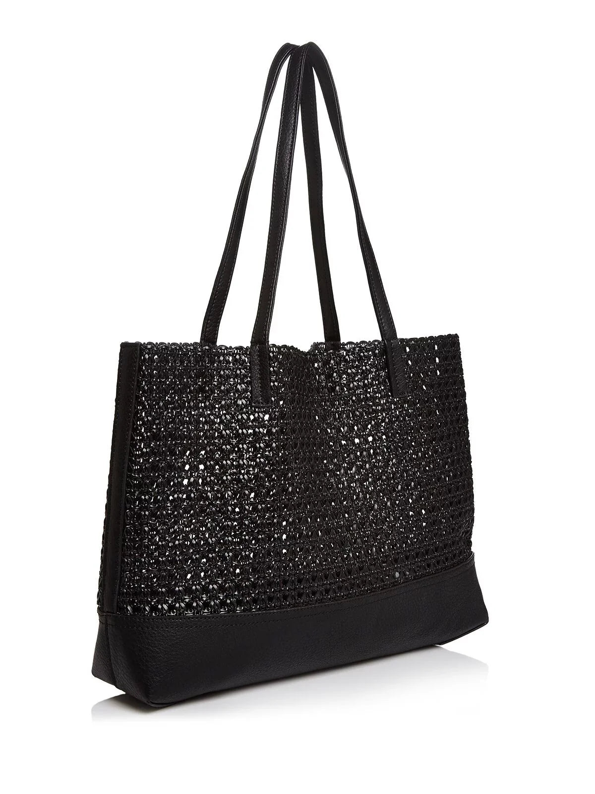 Strap Double Flat Tote Handbag Purse Woven AQUA Black Women's