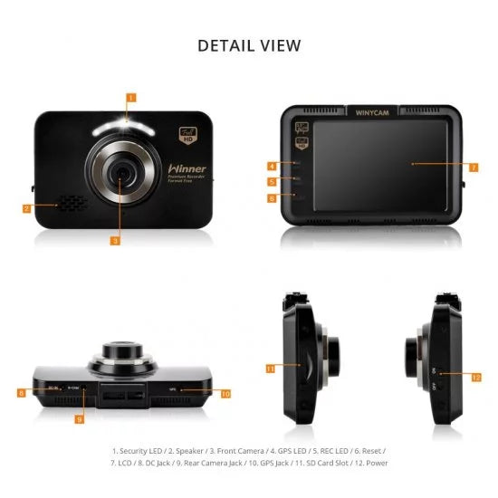 touch Car WinyTech cam wide Dual LCD Black HD box angle dash Screen 5MP 3.5" cameras