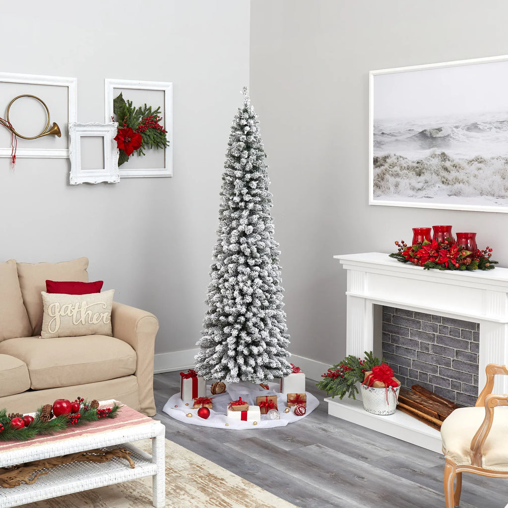 Natural Nearly 7' Tree Pencil Clear Prelit Lights 400 Artificial Flocked White Christmas