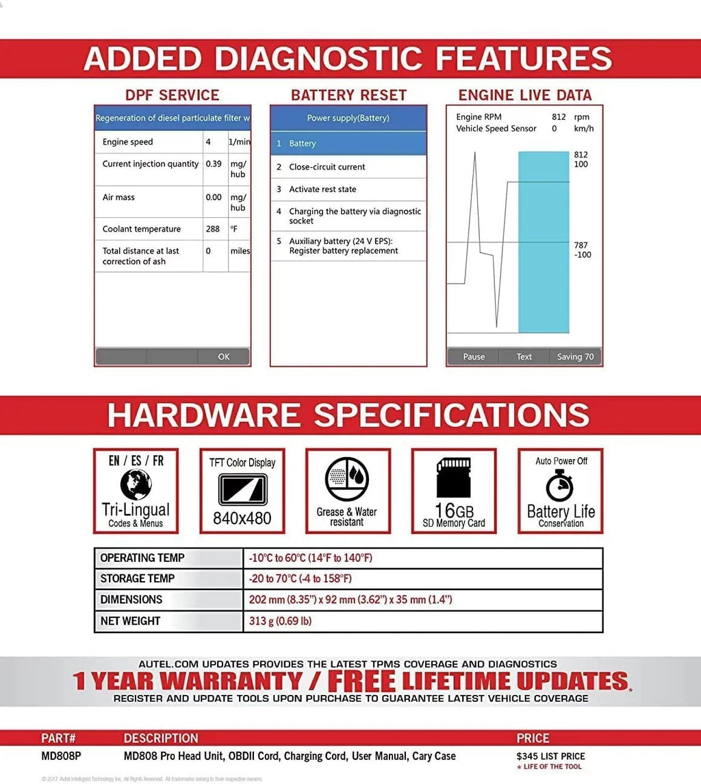 Data Autel Read/Clear EPB/ Brake MD808 Relearn Relearn Registration Parking Scanner MaxiDiag OBD2 Pad Live Diesel Regeneration Steering Reset Angle Codes Reset Oil Filter Battery Particulate Pro and