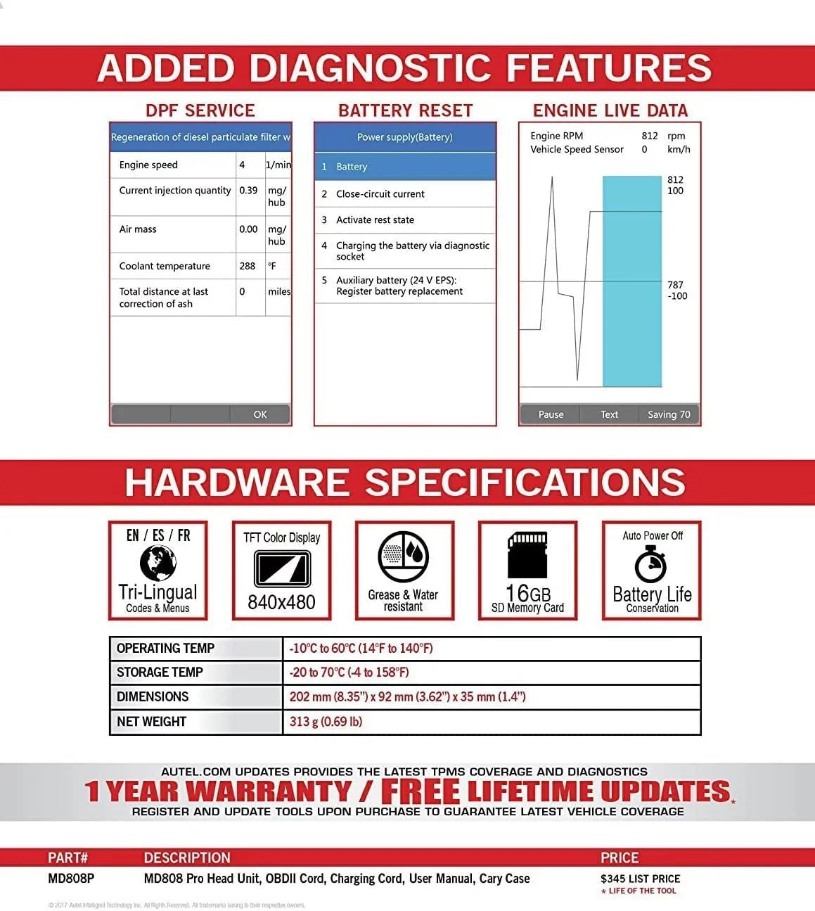 Data Autel Read/Clear EPB/ Brake MD808 Relearn Relearn Registration Parking Scanner MaxiDiag OBD2 Pad Live Diesel Regeneration Steering Reset Angle Codes Reset Oil Filter Battery Particulate Pro and