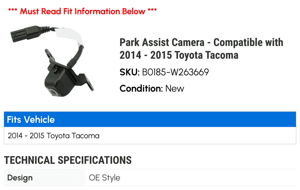 Assist Tacoma Park - Camera 2015 Compatible - with 2014 Toyota