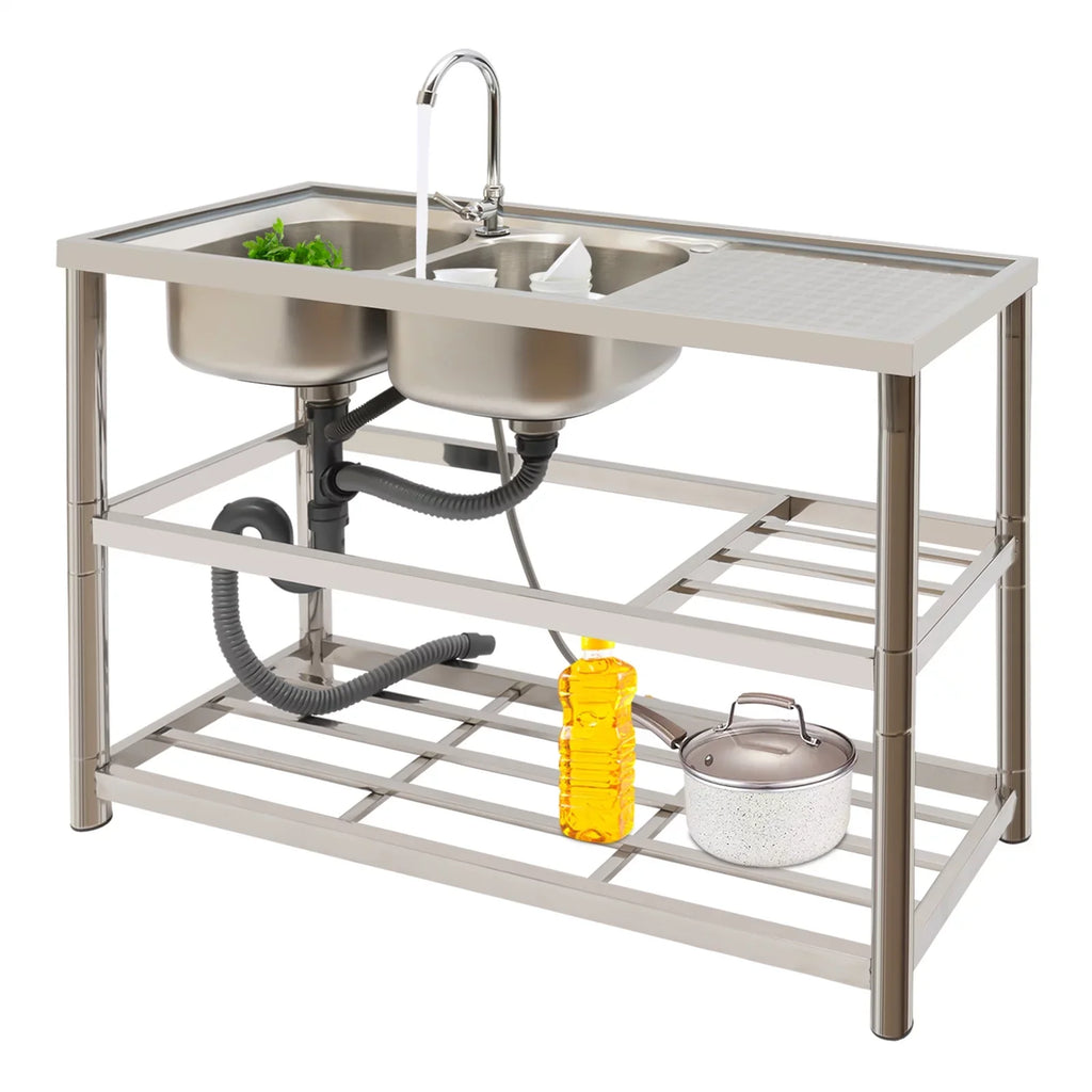 with Double Prep Faucet+Drainpipe Kitchen Stainless Steel Basin Freestanding Bowl Sink Utility & Sink Aiqidi Commercial Restaurant