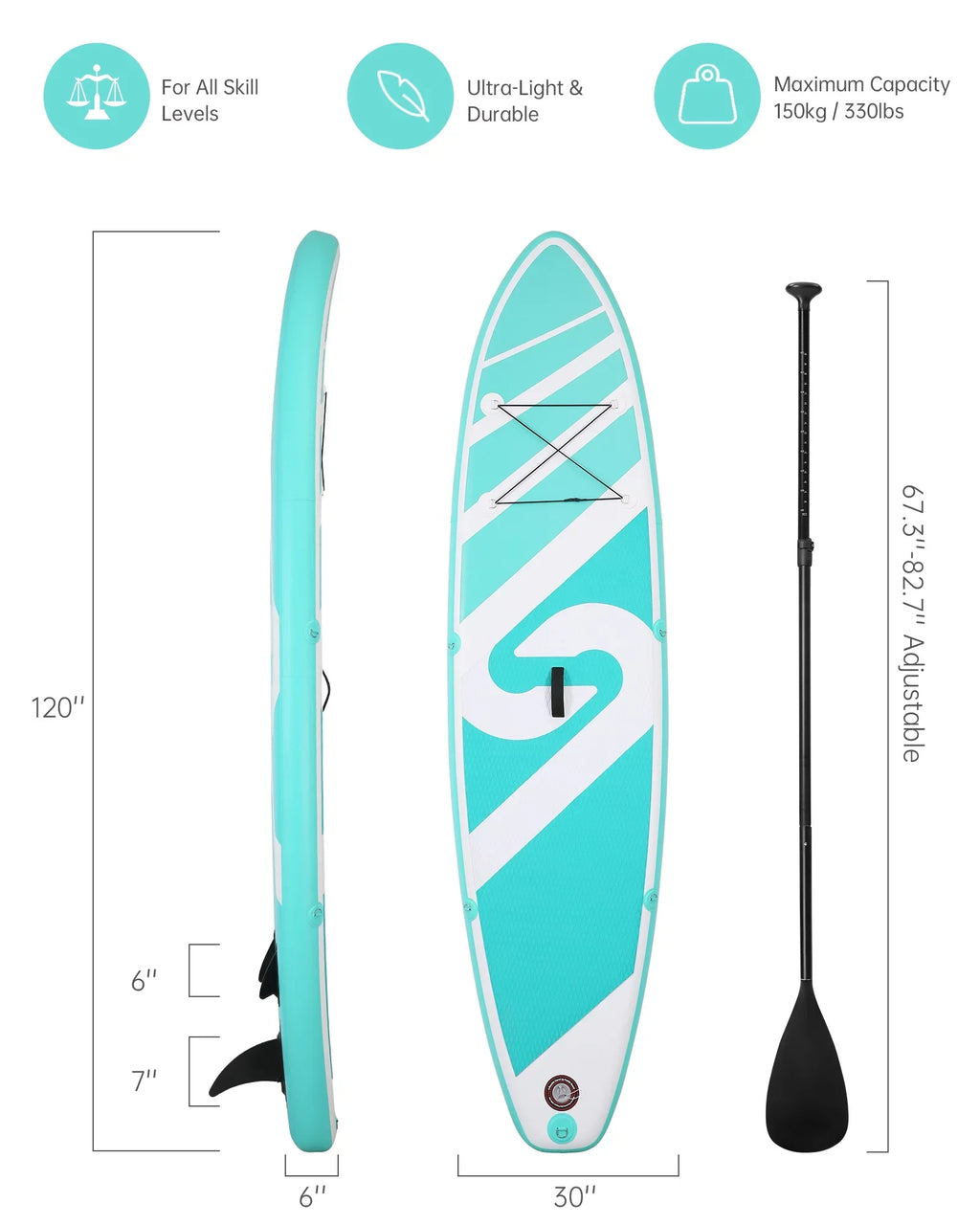 Summer Paddle Inflatable & Youth Adults 120"x30"x6" with Stand for SUP Board Board Up Board Paddle