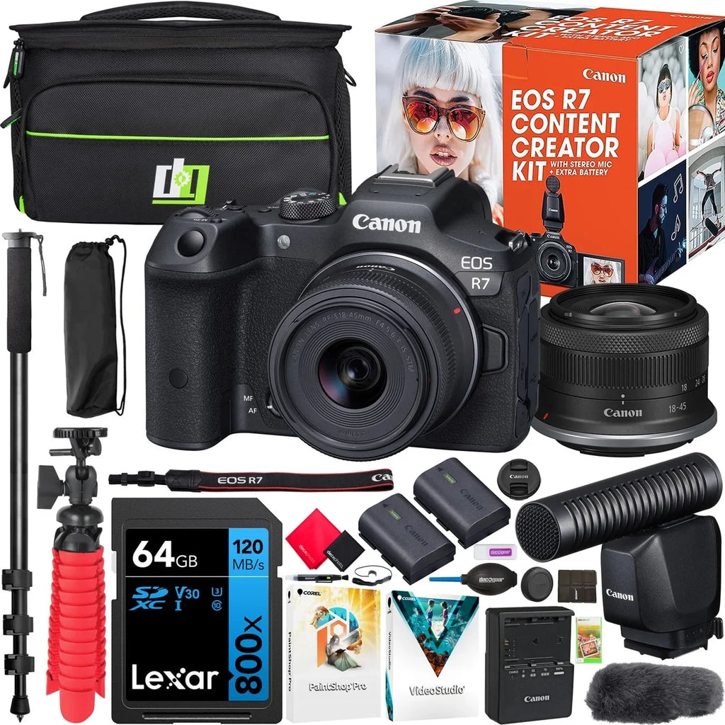 Creator Monopod Canon Deco Including R7 Content + Software Lens Kit 2 EOS Body Bag Mirrorless 18-45mm Camera Photography with STM + & + Microphone + Accessories Battery IS Gear + 5137C055 Bundle