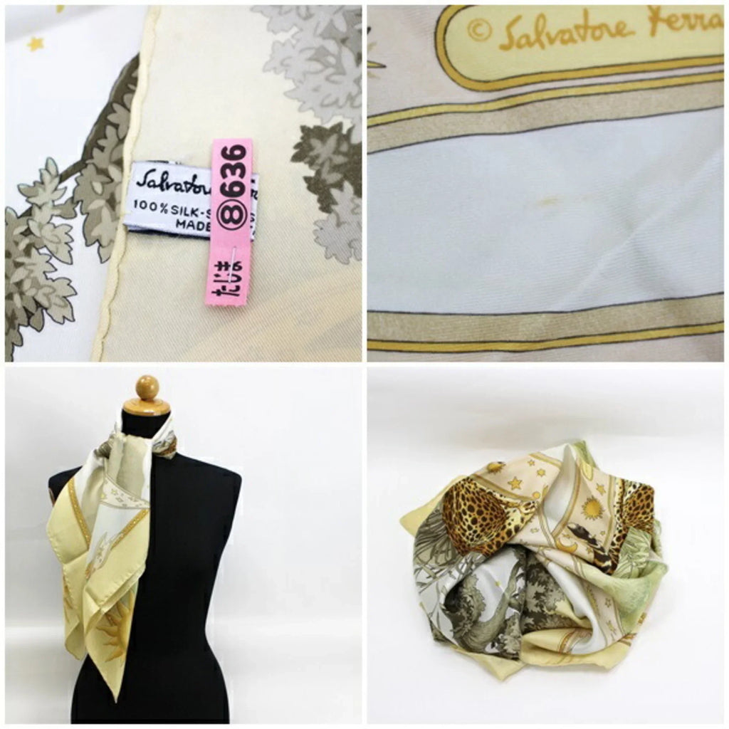 pattern paper Salvatore ladies Ferragamo leopard FERRAGAMO yellow print scarf animal SALVATORE silk (Good) Pre-Owned muffler