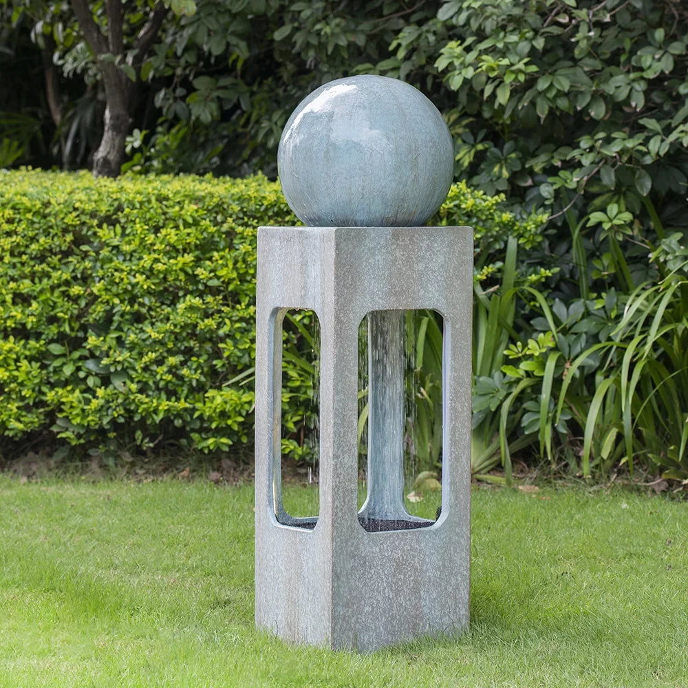 Light & with Fountain, For Feature Tall Contemporary Outdoor 13x13x44" Sphere Raindrop Deck Outdoor Garden, Patio Water Water Antique Cement/Concrete Fountain, Lawn, Blue